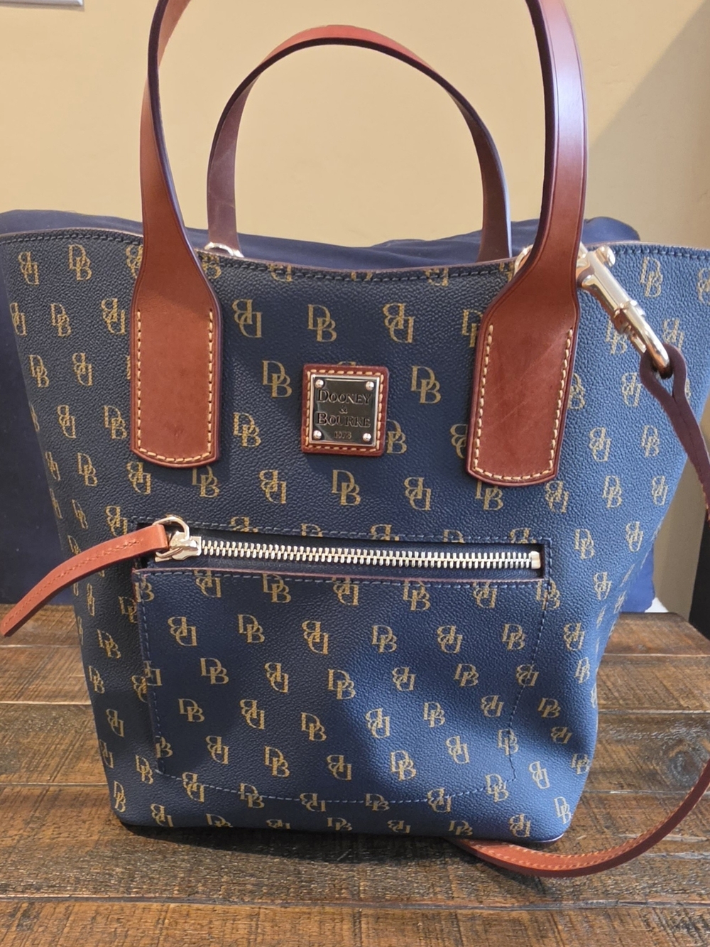 Dooney & Bourke Navy Logo Tote with Brown Leather Trim